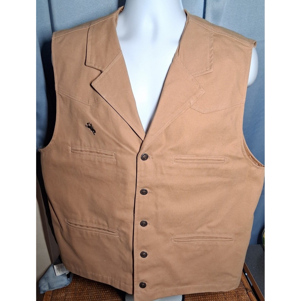 Wyoming Traders Mens Tan Canvas Western Vest Bucking Bronco Size L